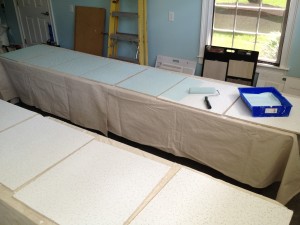 39 panels were primed and now are being painted "tranquility blue"